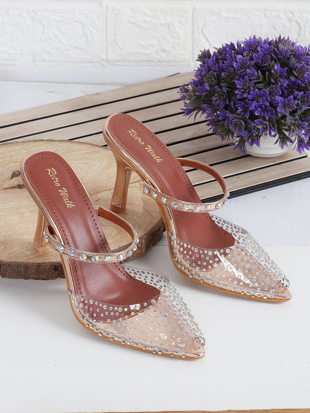 

Retro Walk Women Embellished Stiletto with Open Back, Rose gold