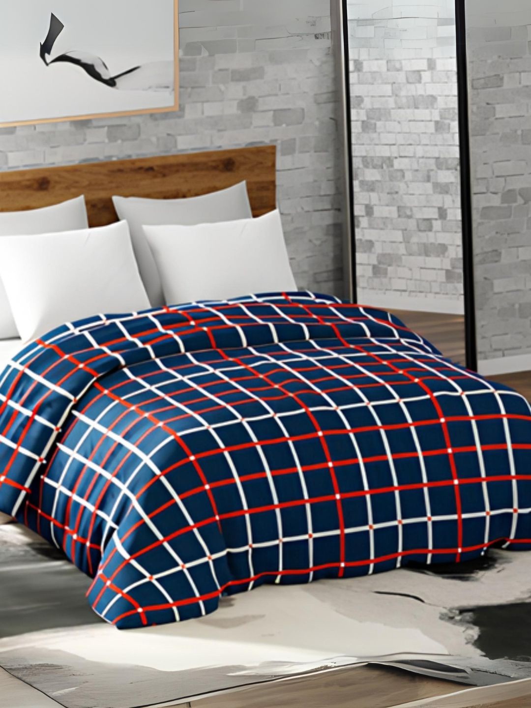

haus & kinder Navy Blue & Red Checked 450 GSM Reversible Single Bed Blanket