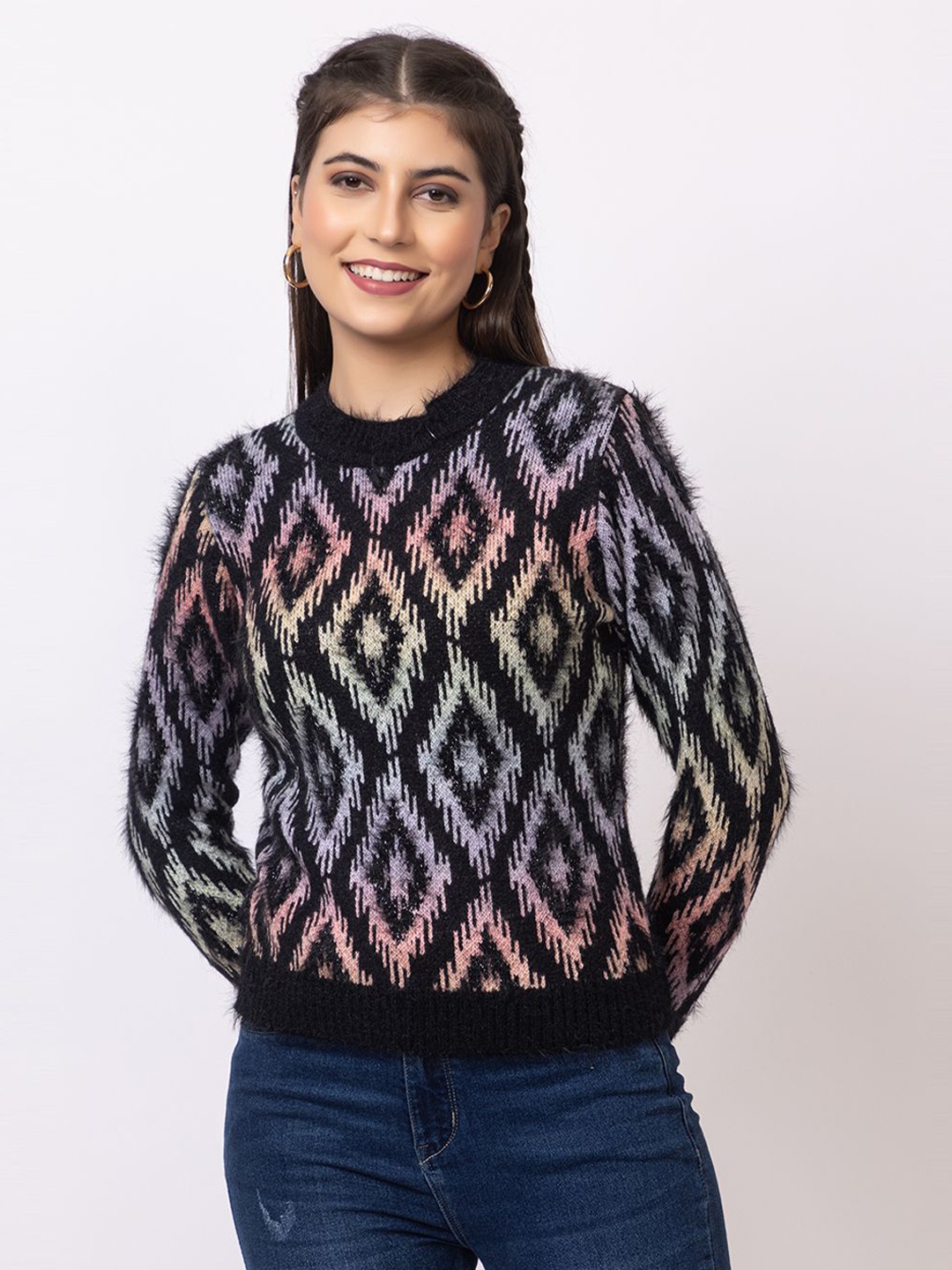 

GFO Women Self Design Woollen Pullover, Black