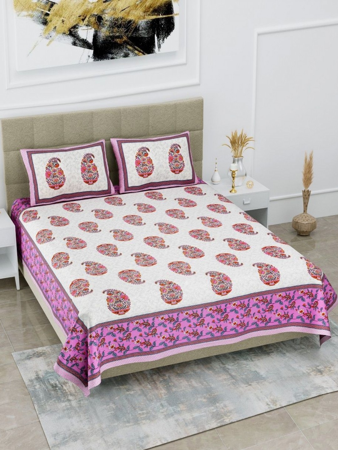 

HOMELINE Pink & White Ethnic Motifs Printed Cotton 180 TC King Bedsheet Set 2.74 x 2.54m
