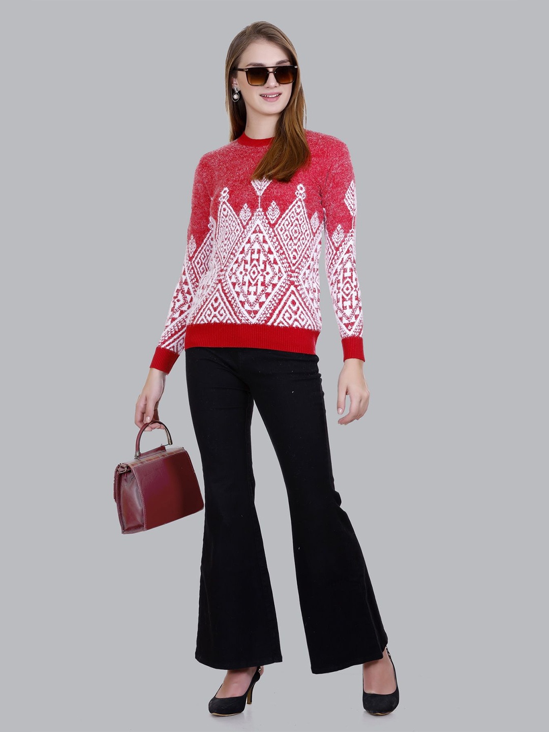 

SOSHAGUN OSWAL Women Ethnic Motifs Self Design Woollen Pullover, Red