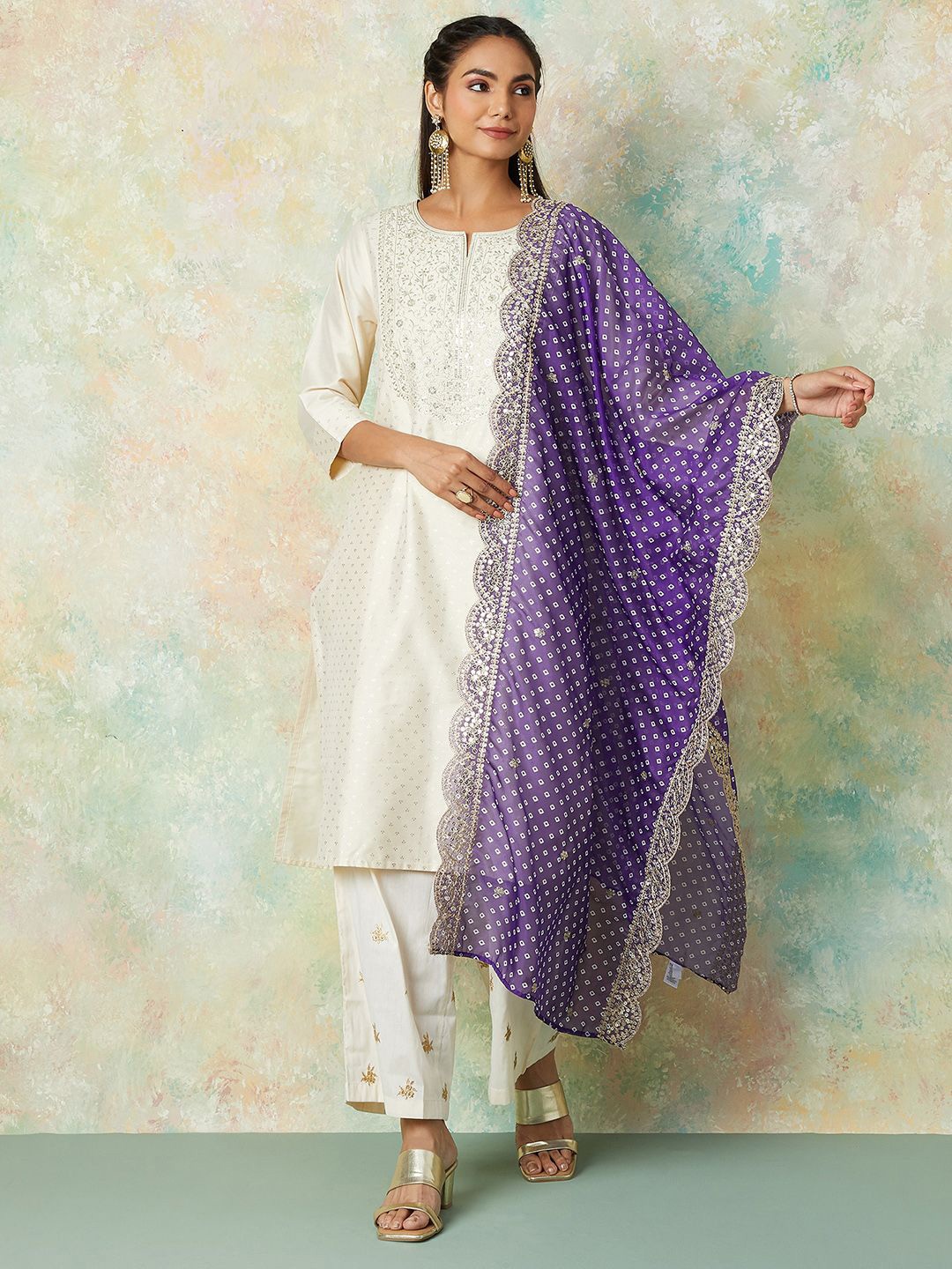 

Melange by Lifestyle Printed Sequinned Bandhani Dupatta, Purple