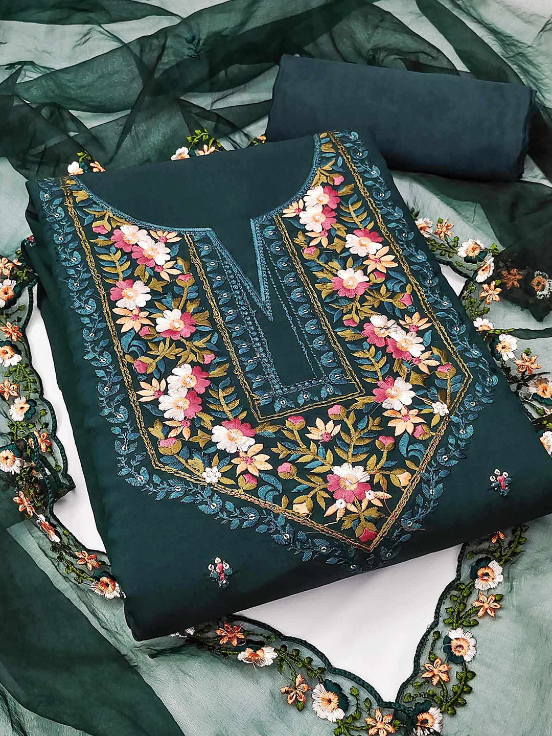 

Peachmode Floral Embroidered Unstitched Dress Material, Green