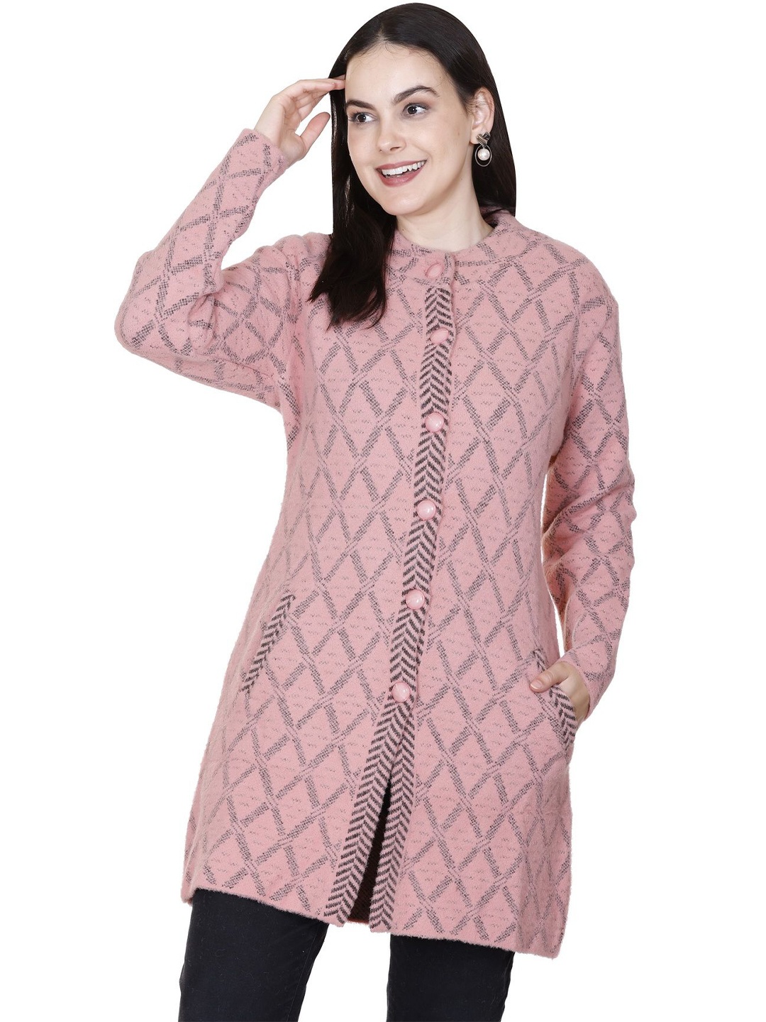 

SOSHAGUN OSWAL Women Geometric Printed Woollen Cardigan, Pink