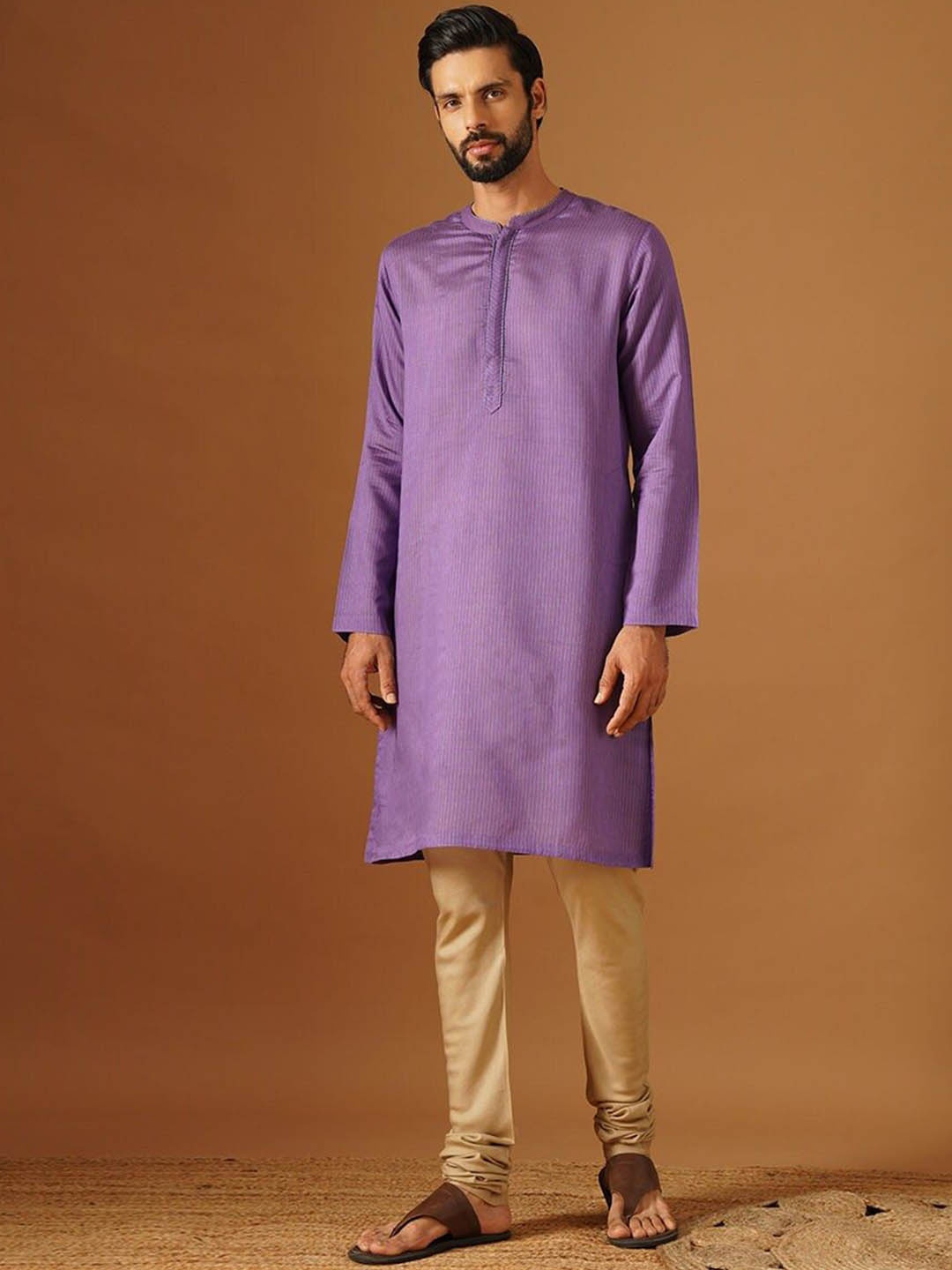 

JAYPORE Striped Mandarin Collar Cotton Straight Kurta, Purple