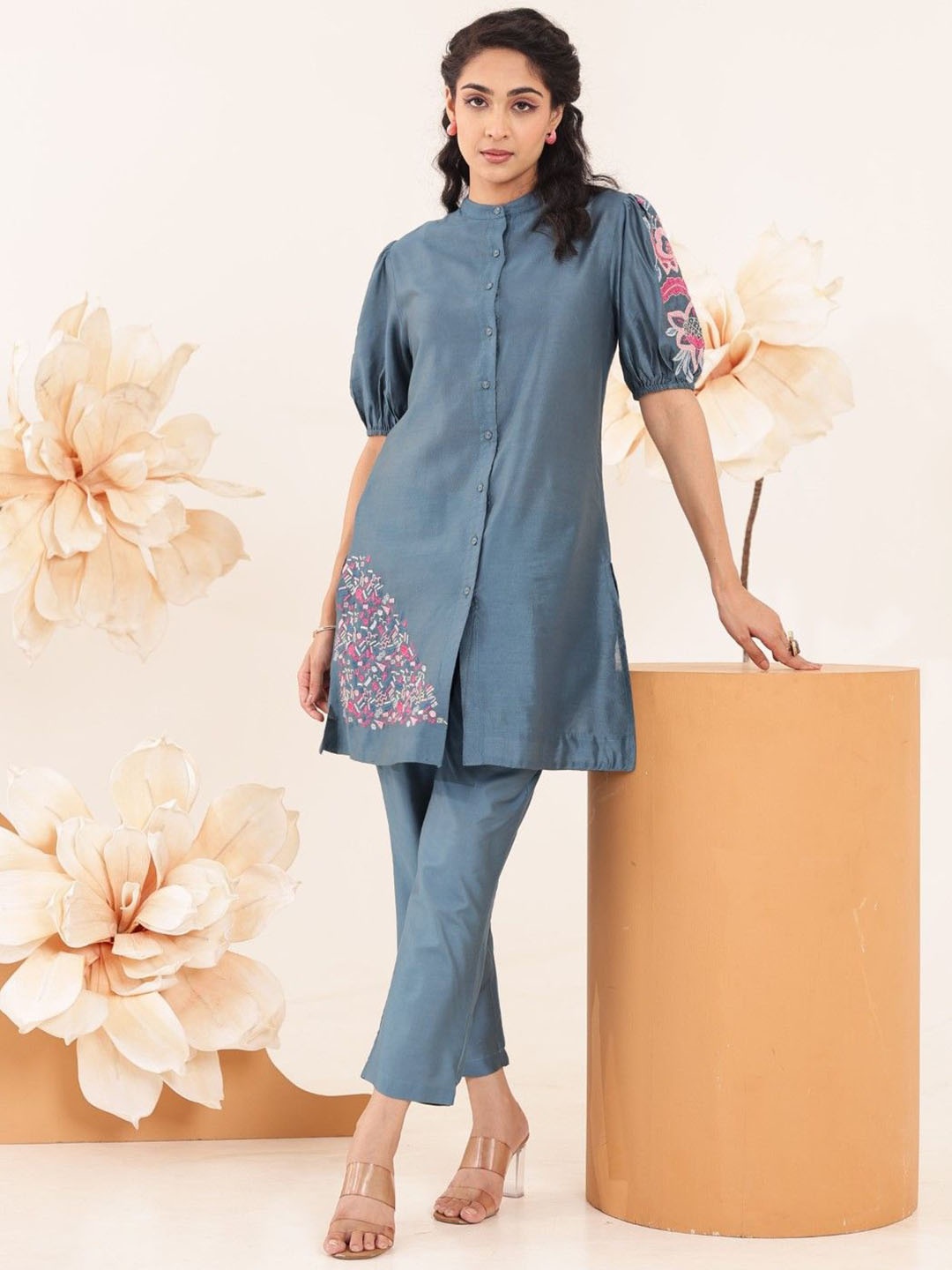 

AUTUMN LANE Women Printed Angrakha Gotta Patti Pure Cotton Kurta with Skirt & With Dupatta, Blue