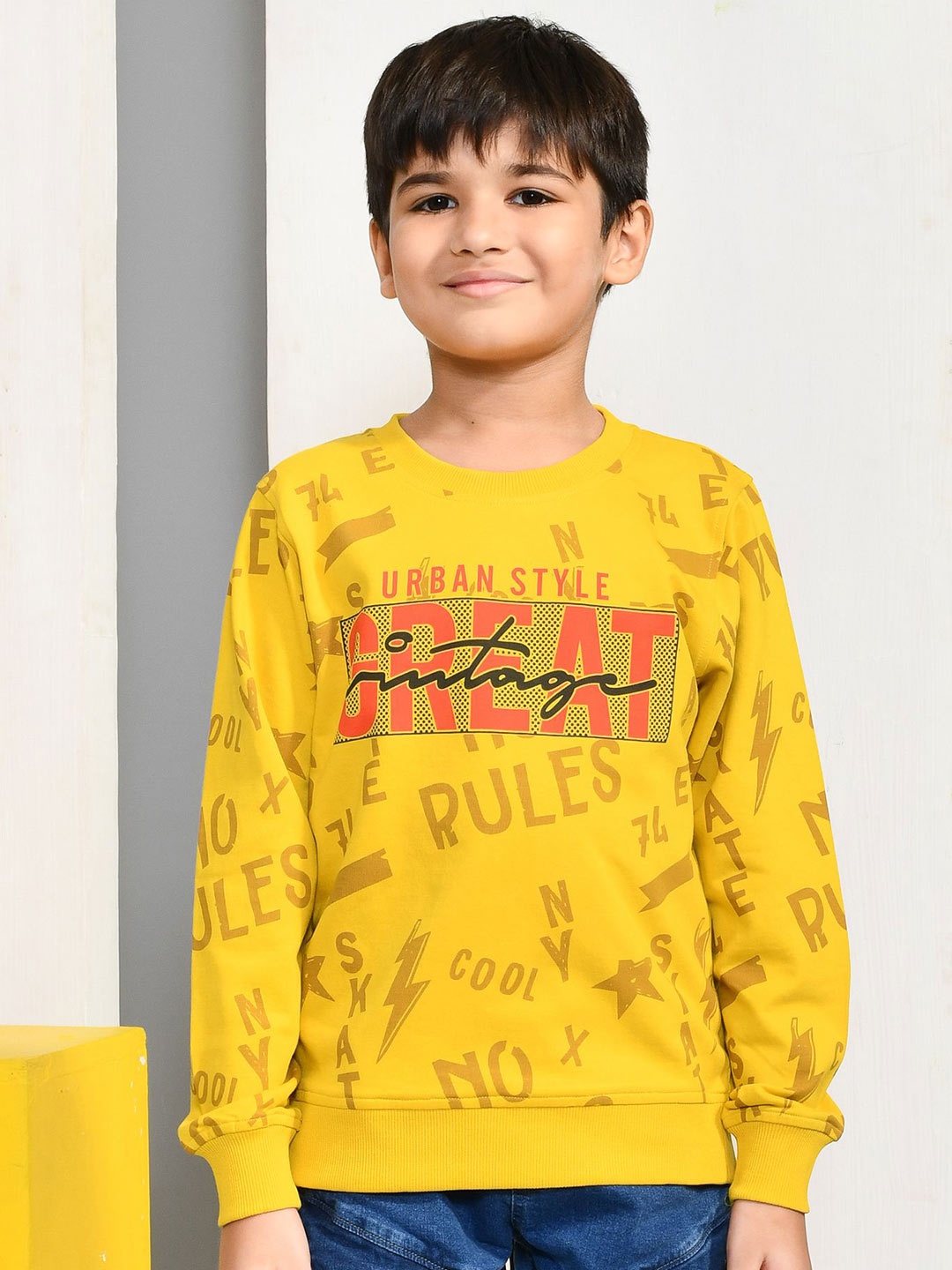 

YOUMAA Boys Printed Round Neck Cotton Sweatshirt, Yellow