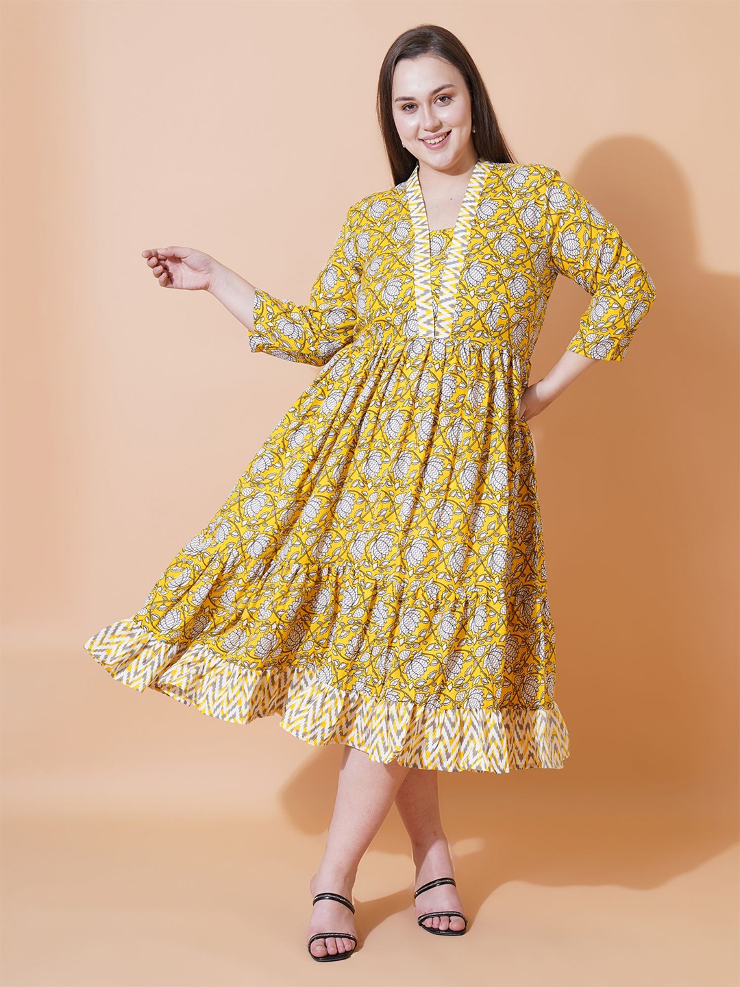 

U&F Beyond Women Floral Printed Fit & Flare Midi Dress, Yellow