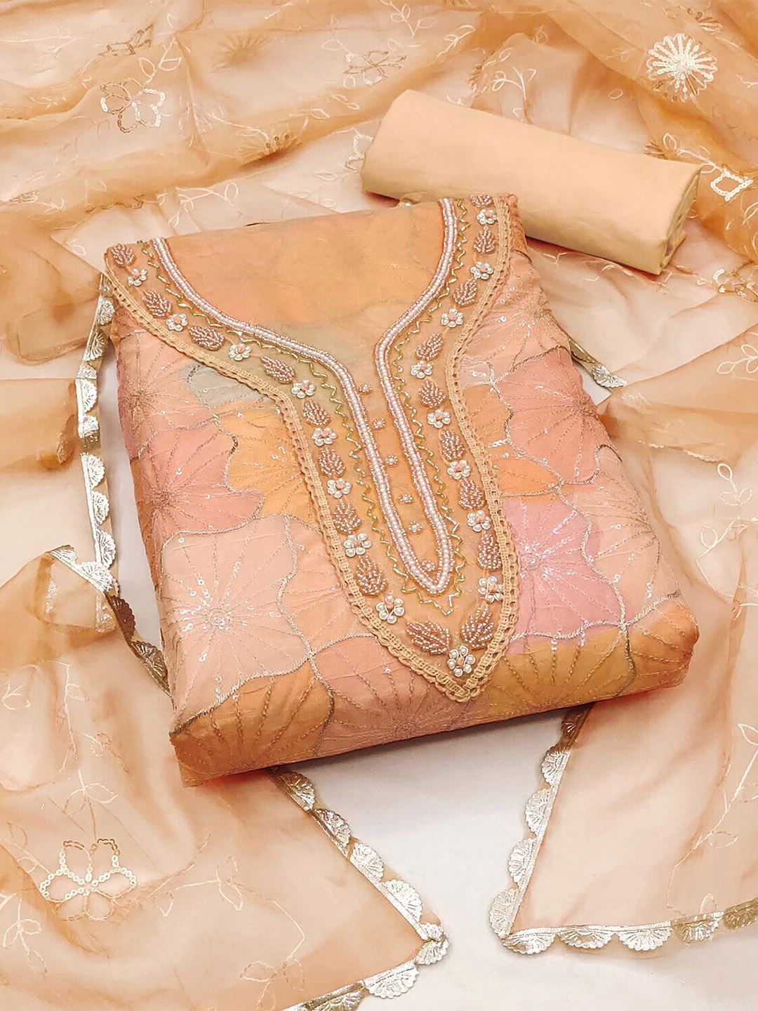 

Peachmode Floral Embroidered Sequinned Organza Unstitched Dress Material, Peach