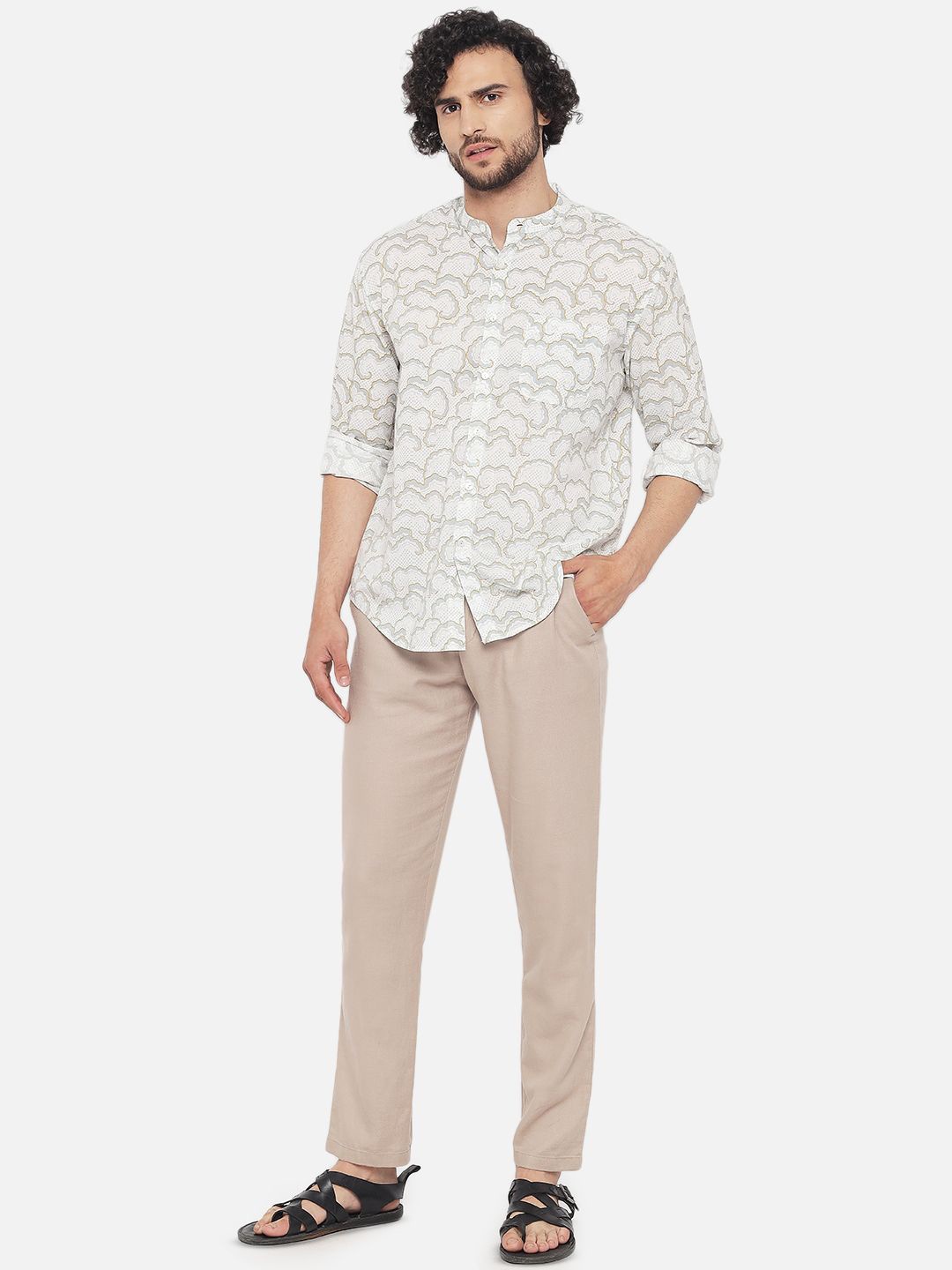 

AMBI Men Standard Band Collar Abstract Printed Cotton Casual Shirt, Cream