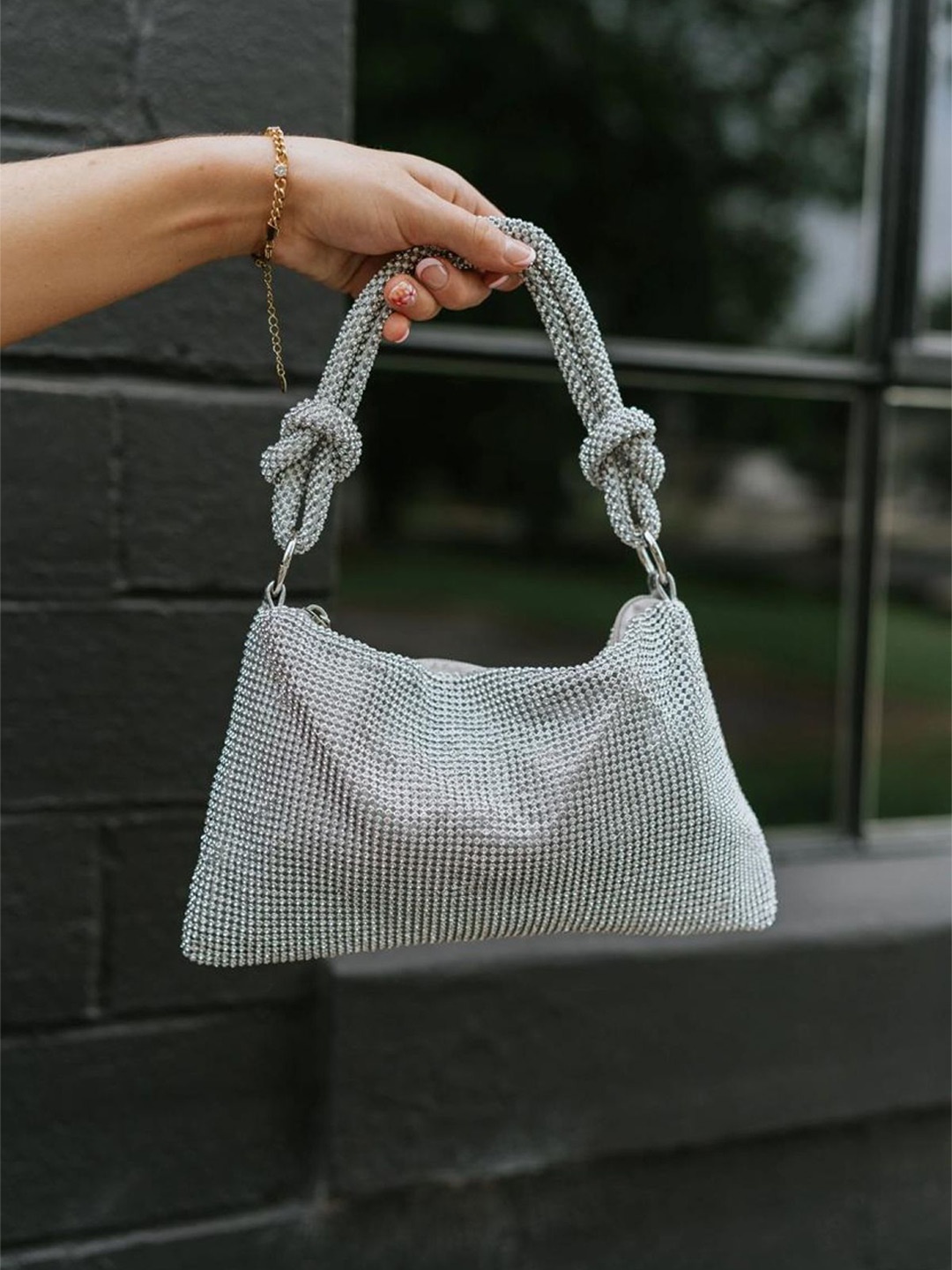 

StyleAsh Textured Bowling Hobo Bag with Cut Work, Silver