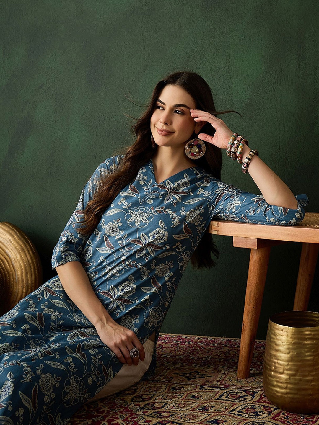 

Sangria BLUE Floral Printed Sequined Pure Cotton Straight Kurtas