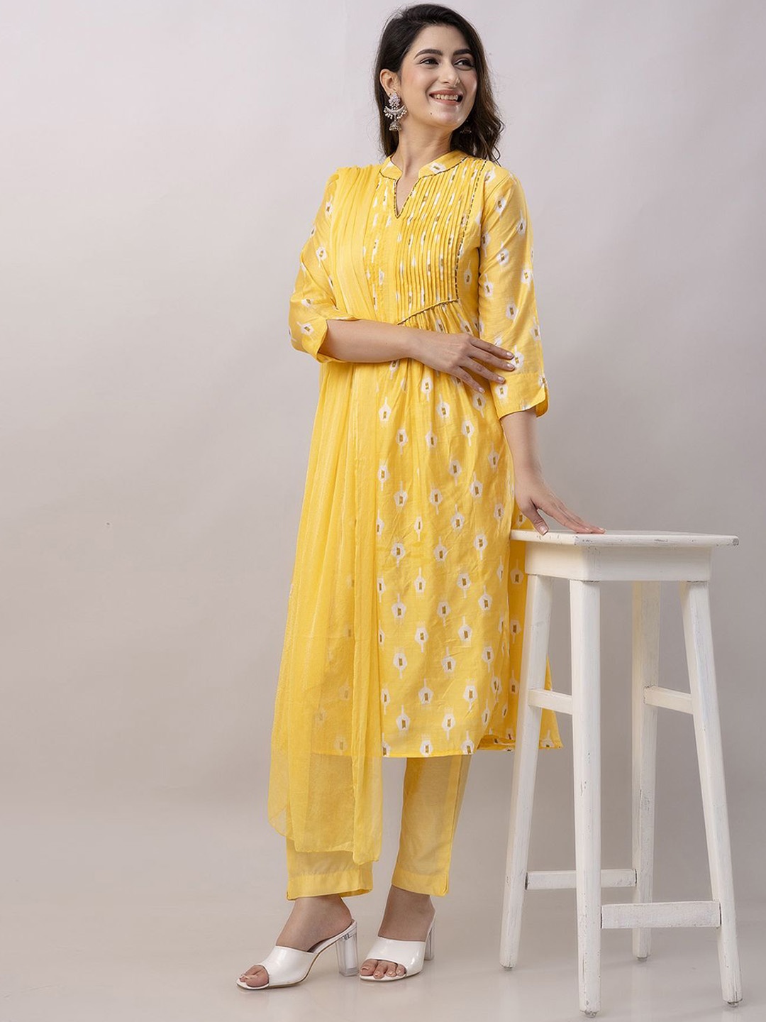 

KALINI Ethnic Motifs Printed Pure Silk A-Line Kurta with Trouser & Dupatta, Yellow