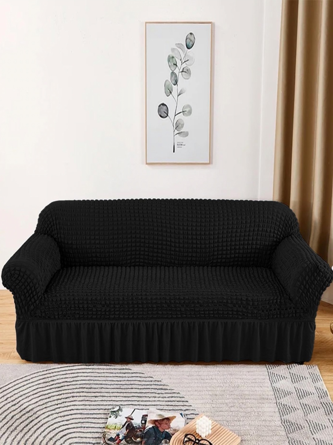 

Lukzer Black Self Design Sofa Cover With Arms