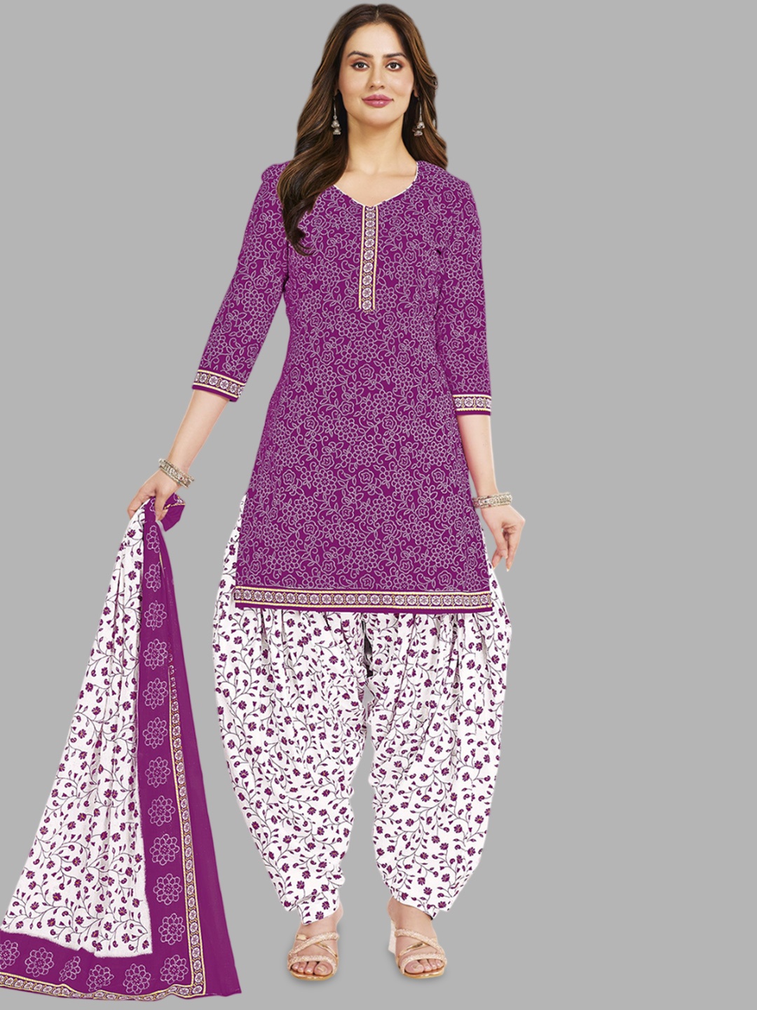 

MIRAAN Floral Printed Pure Cotton Unstitched Dress Material, Purple