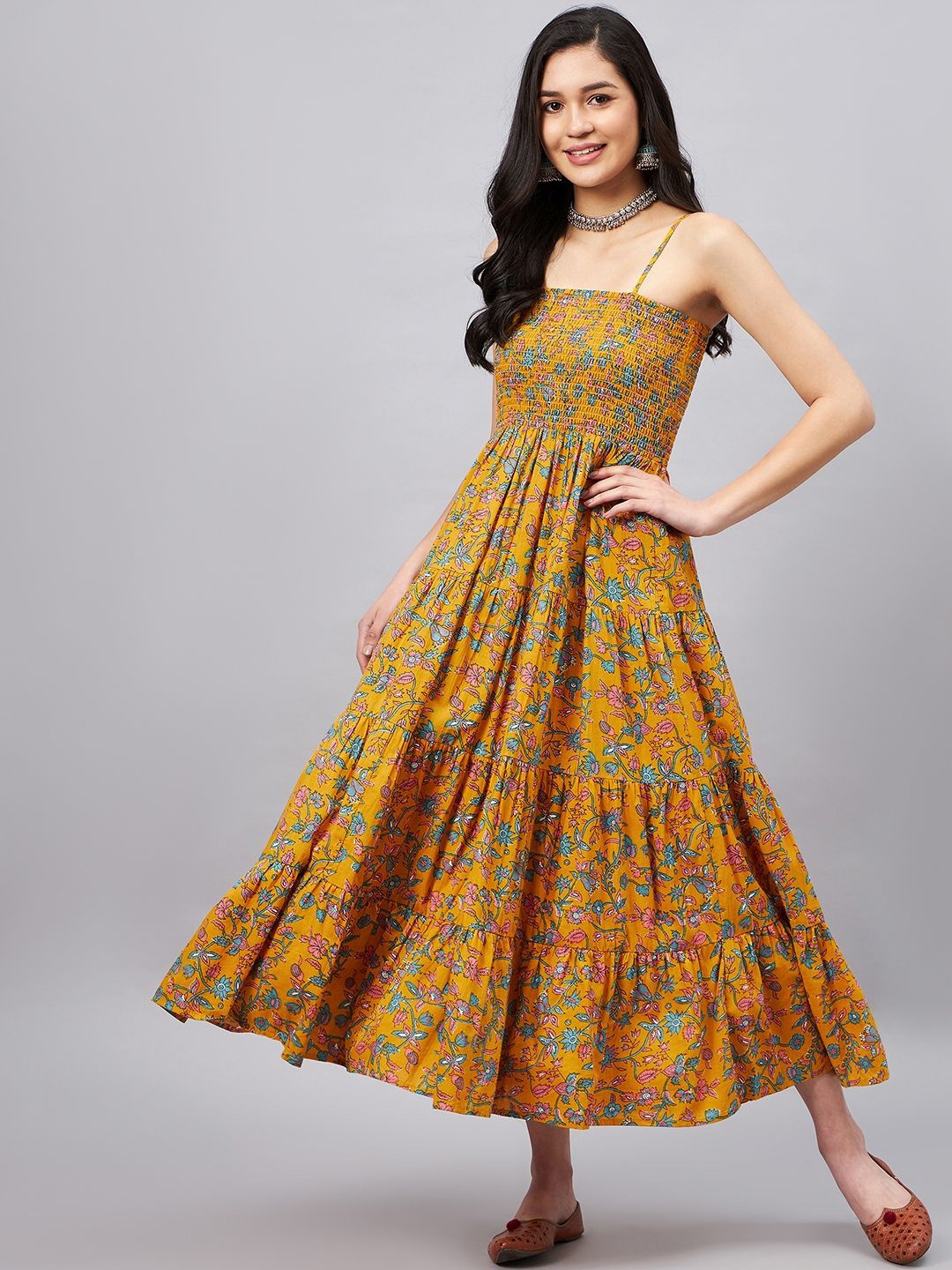 

WineRed Women Cotton Floral Printed Fit & Flare Maxi Dress, Yellow