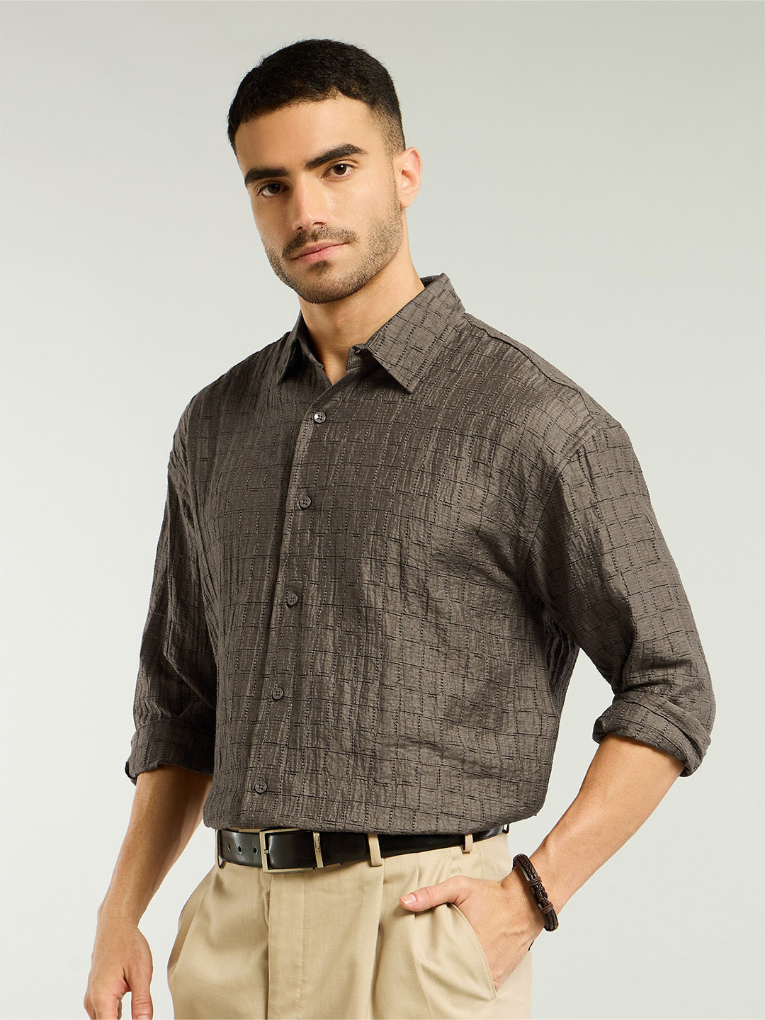 

Beyoung Men Self Design Opaque Casual Cotton Shirt, Brown