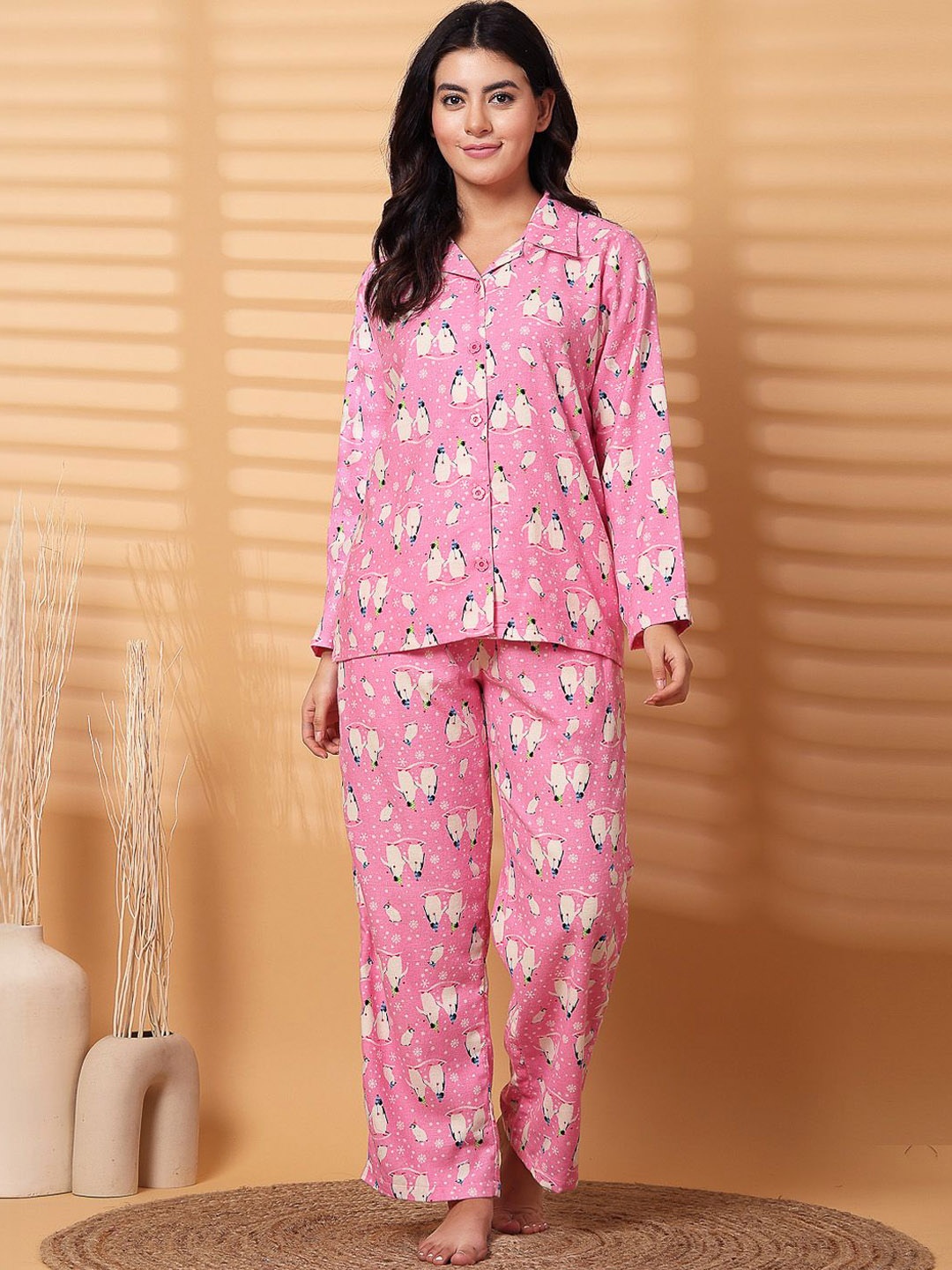

Secret Wish Women Flannel Christmas Printed Pure Cotton Night suit, Pink