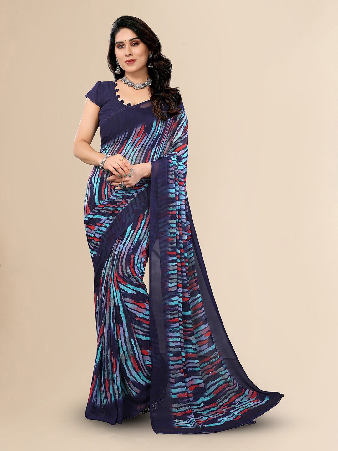 

ANAND SAREES Striped Printed Daily Wear Saree, Navy blue