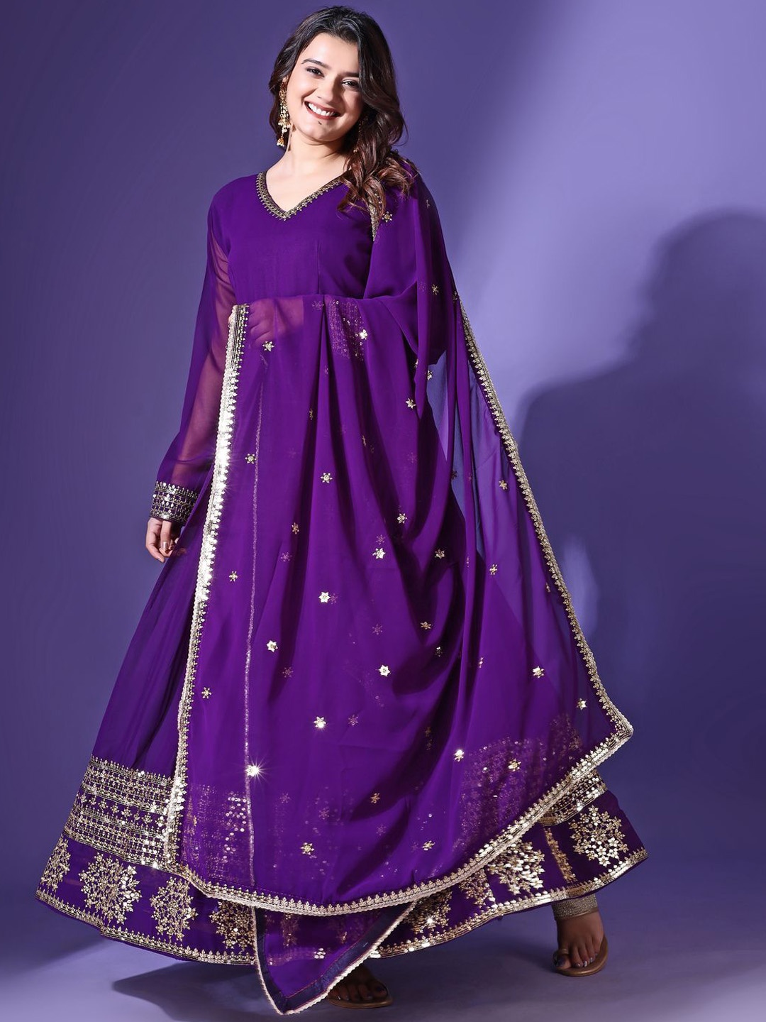 

KALINI Women Ethnic Motifs Embroidered Regular Sequinned Kurta with Trousers & With Dupatta, Purple