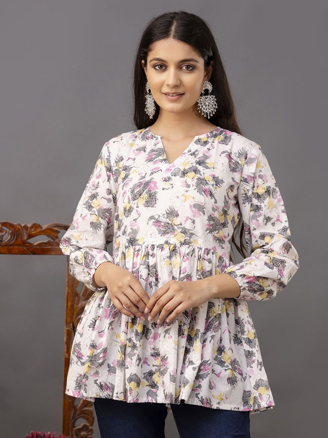 

NISHABD Floral Print Cotton Top, White