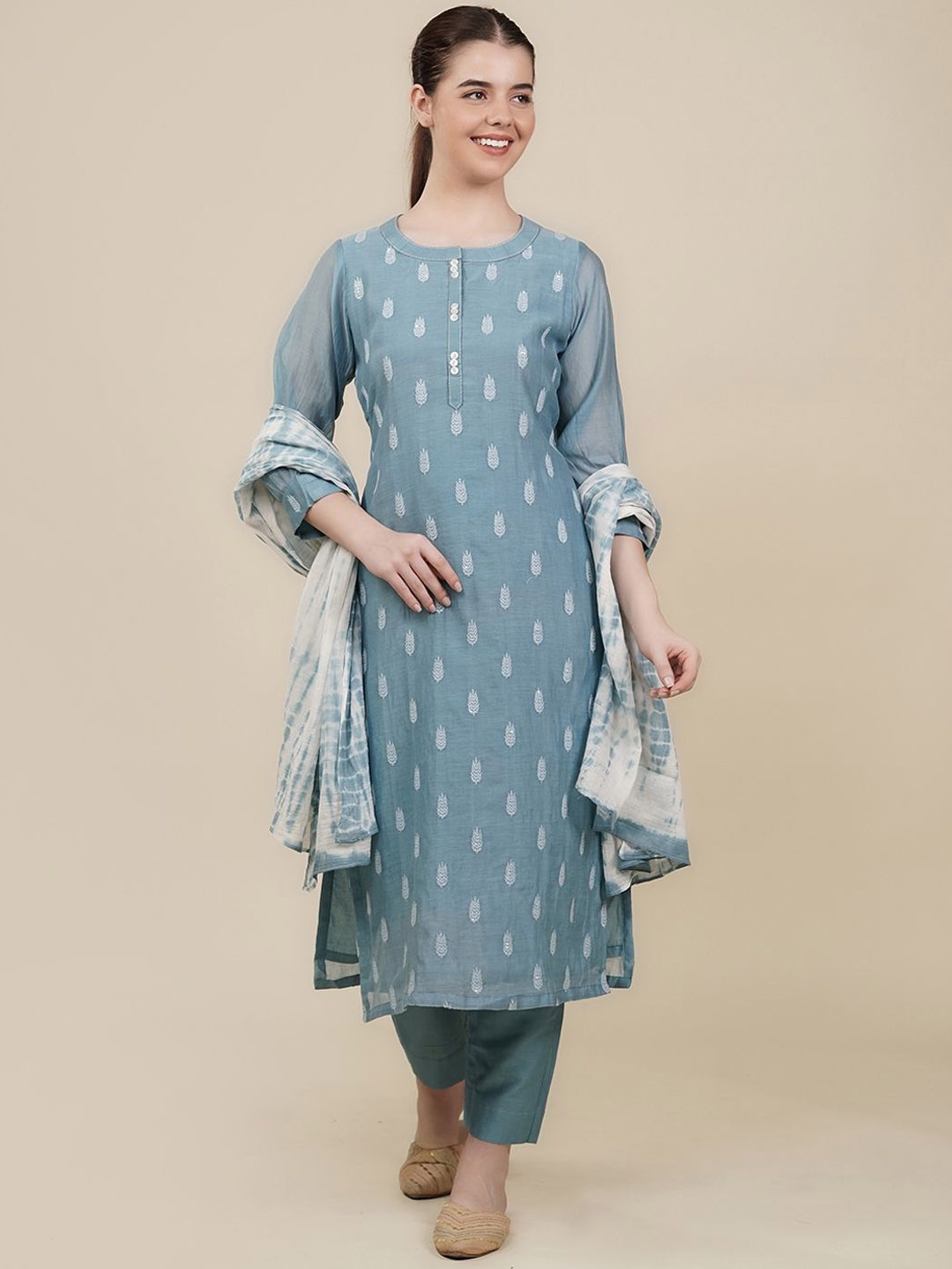 

House Of Dharaa Ethnic Motifs Embroidered Thread Work Straight Kurta Trousers & Dupatta, Grey