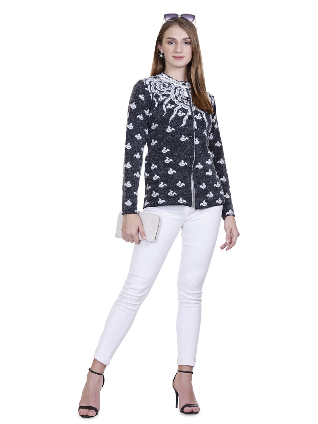 

SOSHAGUN OSWAL Women Woollen Embroidered Cardigan, Black