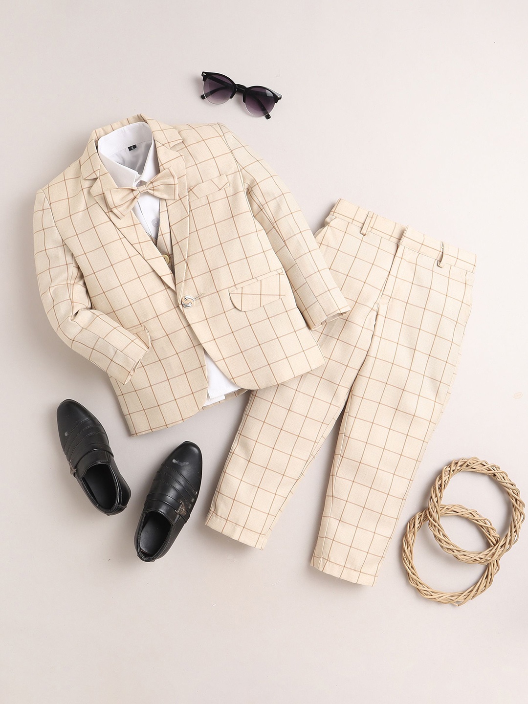 

Jeetethnics Boys Checked Single-Breasted Five-Piece Party Suits, Beige