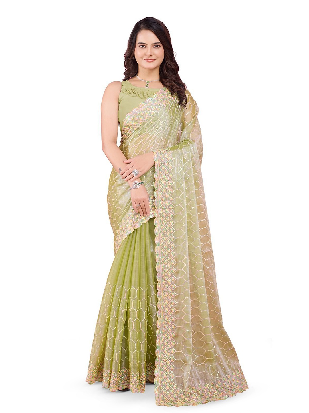 

VenderVilla Floral Embroidered Saree, Green