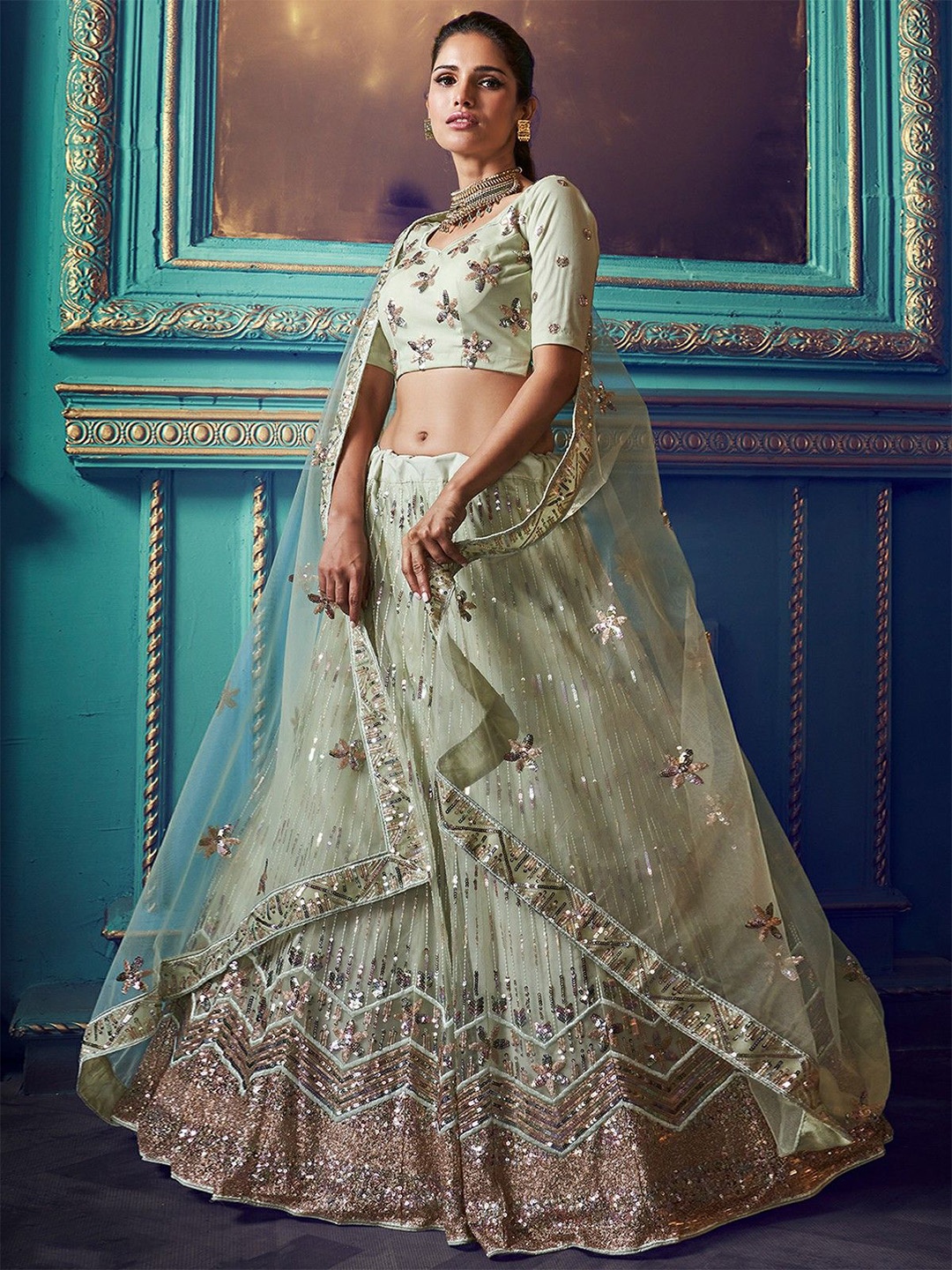 

ODETTE Embroidered Sequinned Net Semi-Stitched Lehenga & Blouse With Dupatta, Olive