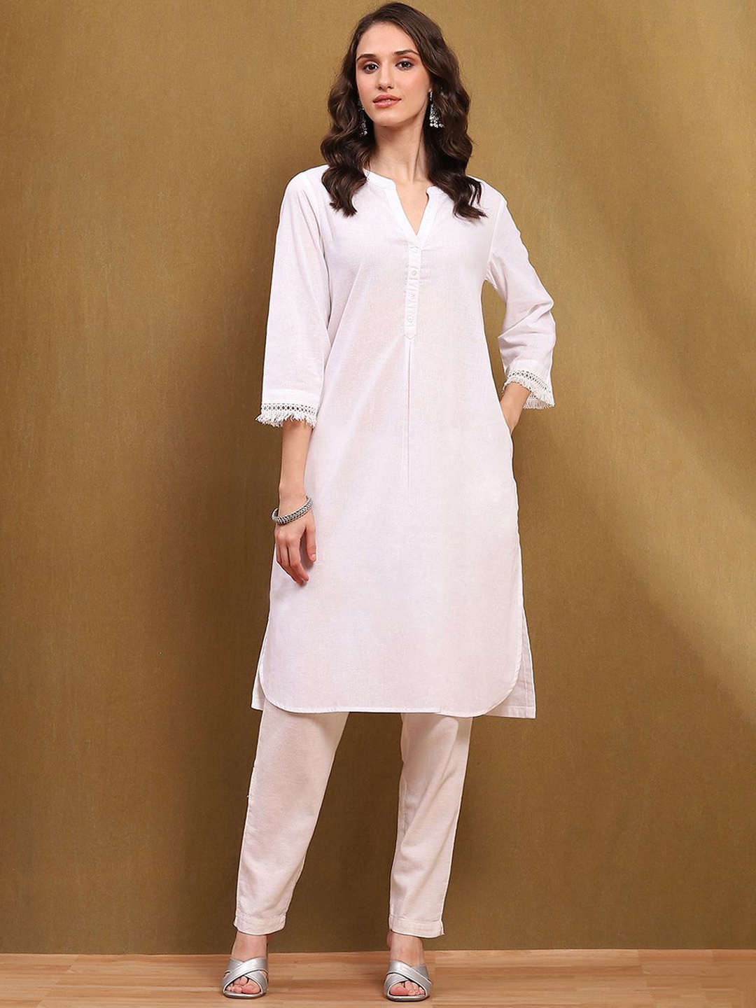 

Biba Band Collar Regular Straight Kurta, White