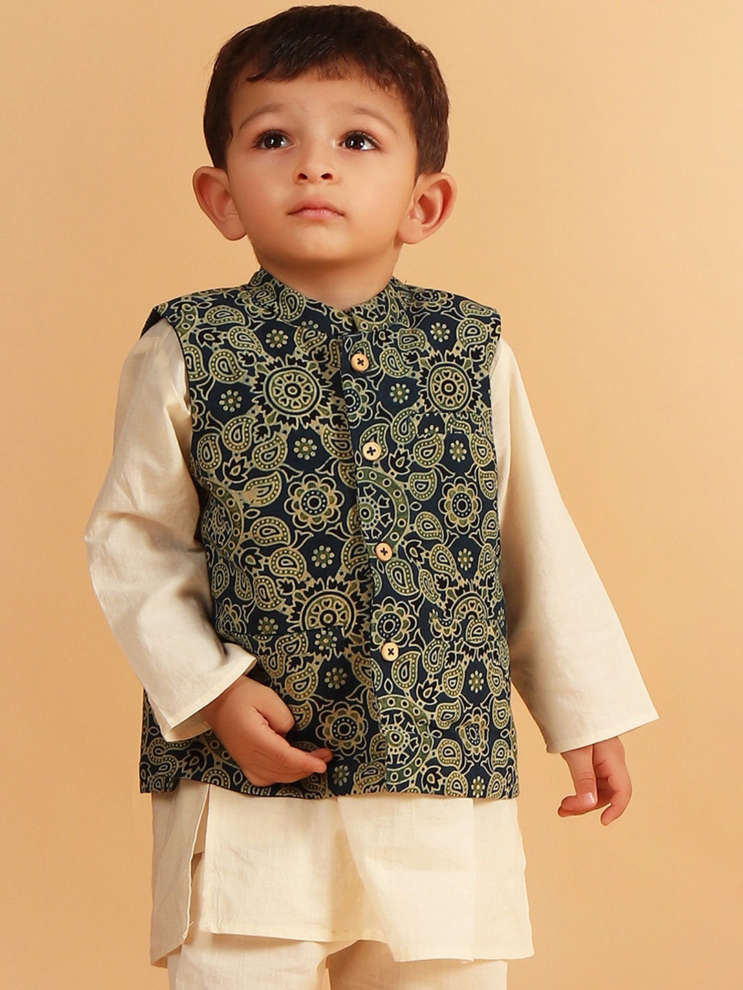 

TJORI Boys Printed Pure Cotton Woven Nehru Jacket, Green