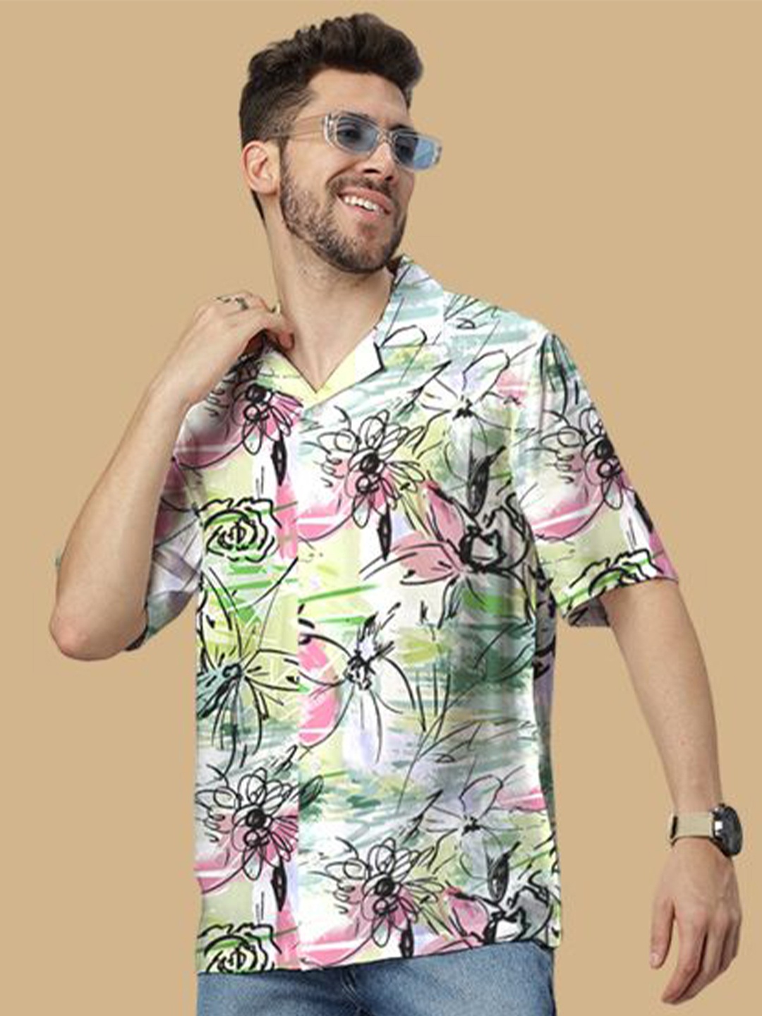 

Wear Your Opinion Men Relaxed Cuban Collar Abstract Printed Casual Shirt, Beige