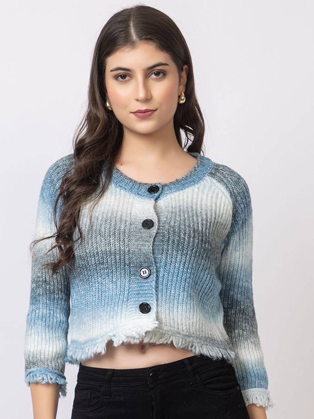 

GFO Women Ribbed Woollen Cardigan, Blue