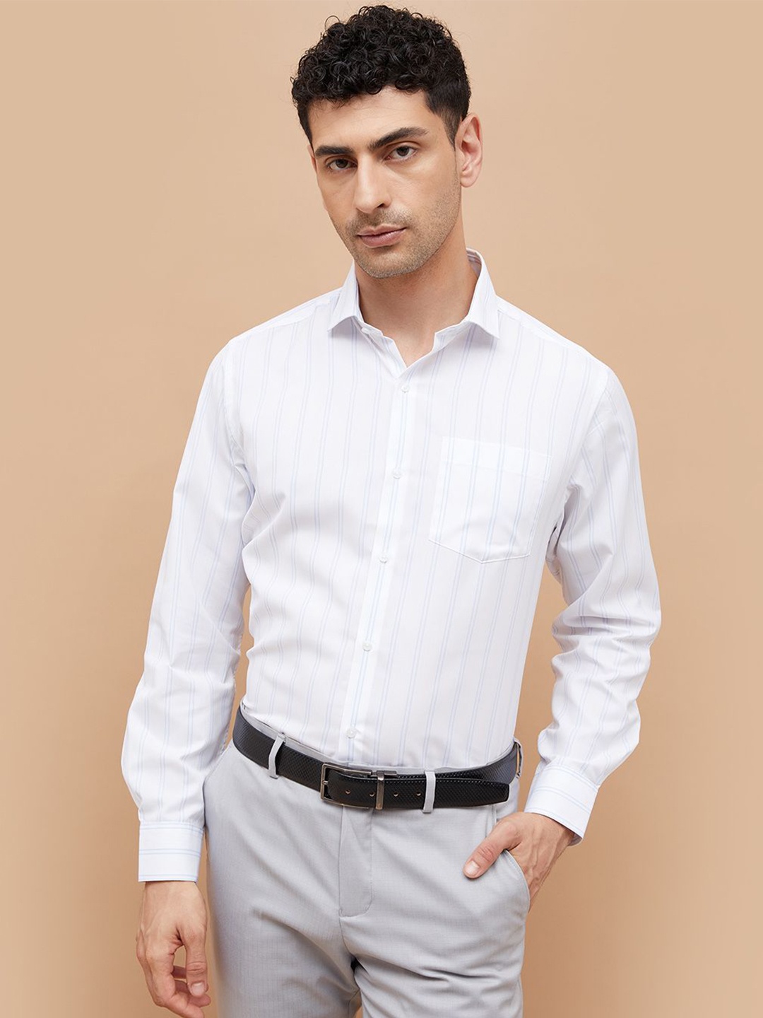 

CODE by Lifestyle Men Cutaway Collar Vertical Striped Cotton Formal Shirt, White