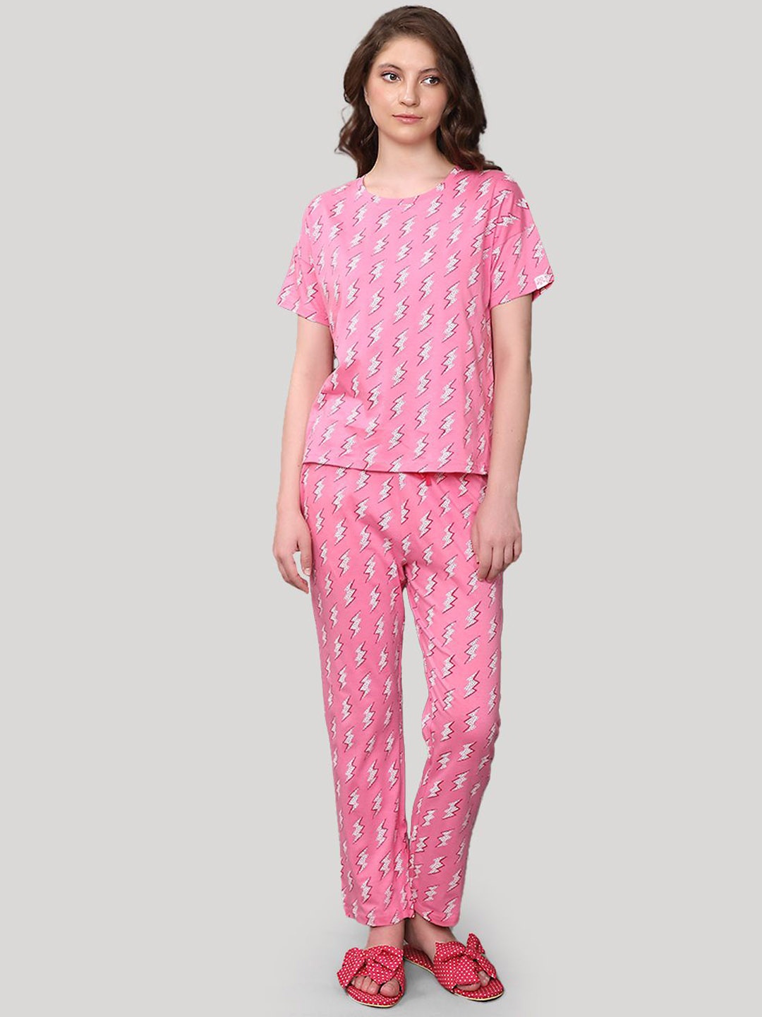 

evolove Women Printed Pure Cotton Night suit, Pink