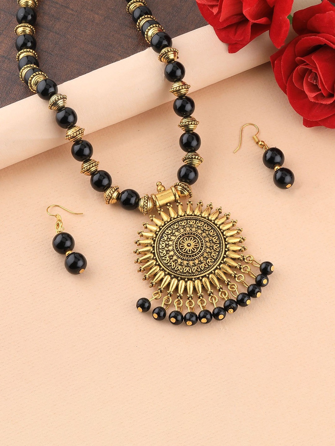 

Silver Shine Brass-Plated Beaded Necklace & Earrings, Gold