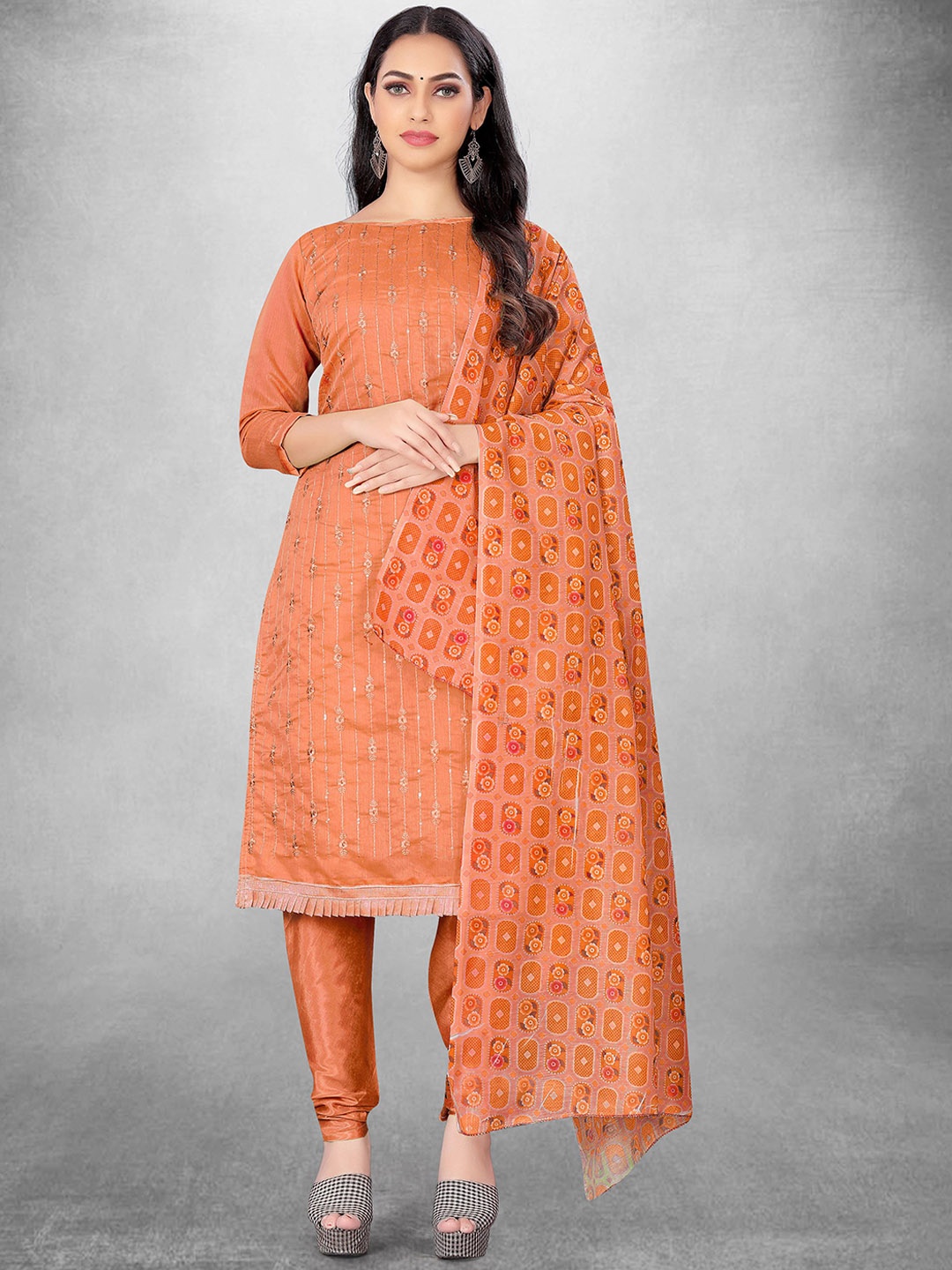 

Maroosh Geometric Embroidered Chanderi Unstitched Dress Material, Peach