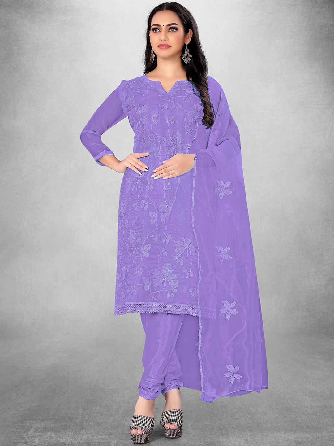 

Maroosh Embroidered Thread Work Organza Unstitched Dress Material, Purple