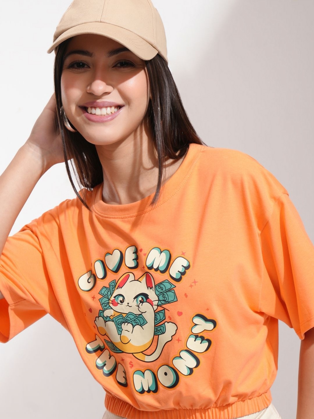 

Tokyo Talkies Women Graphic Printed Round Neck Cotton Boxy T-shirt, Orange