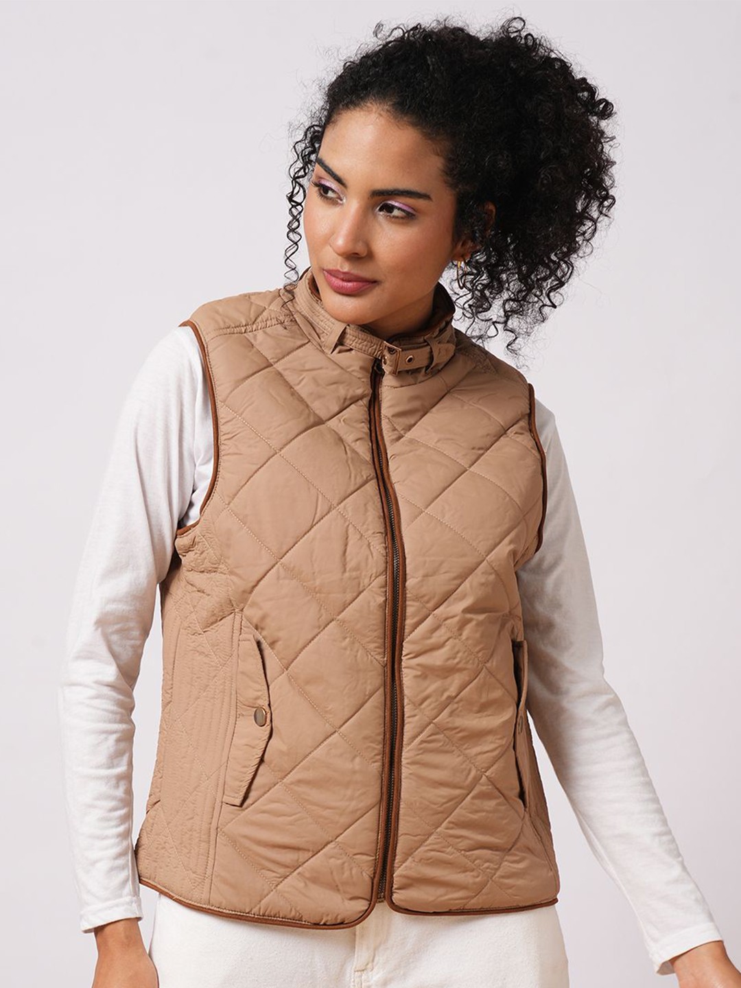 

Globus Women Mandarin Collar Solid Casual Windcheater Jacket, Beige