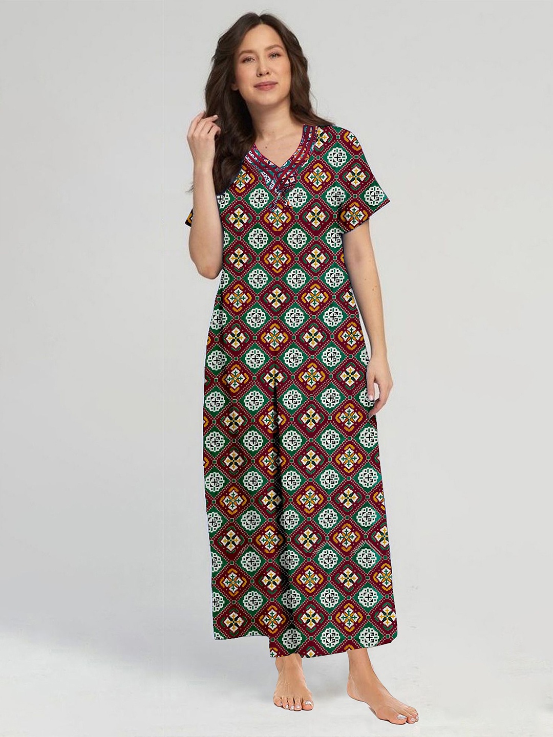 

CAMISON Women Ethnic Printed Maxi Pure Cotton Nightdress, Maroon