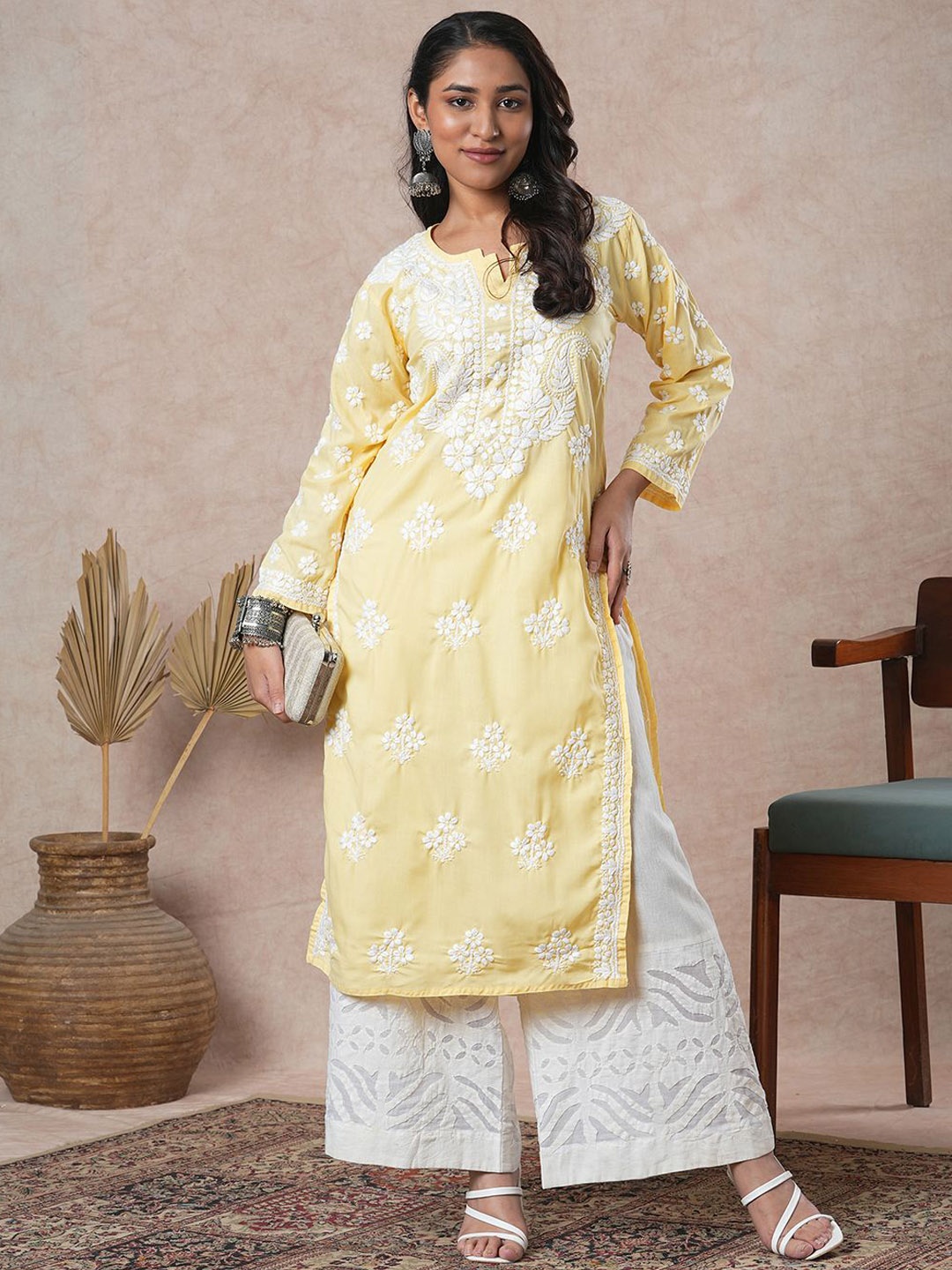 

ADA Floral Embroidered Lucknowi Chikankari Pure Cotton Straight Kurta, Yellow