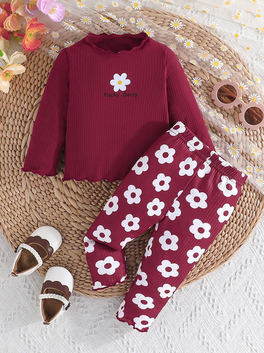 

INCLUD Girls Floral Printed Round Neck Top With Trousers, Maroon