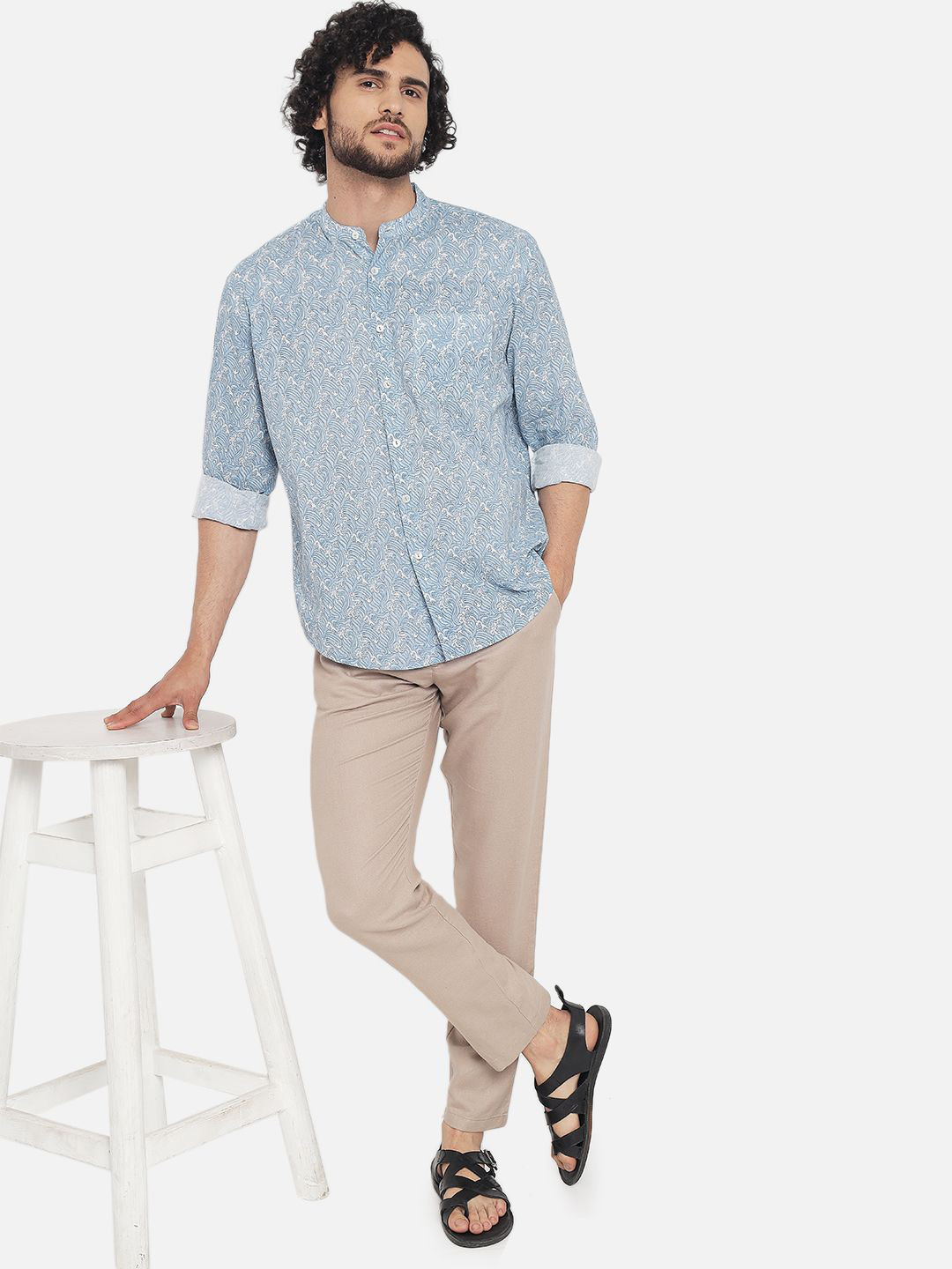

AMBI Men Standard Band Collar Abstract Printed Cotton Casual Shirt, Blue