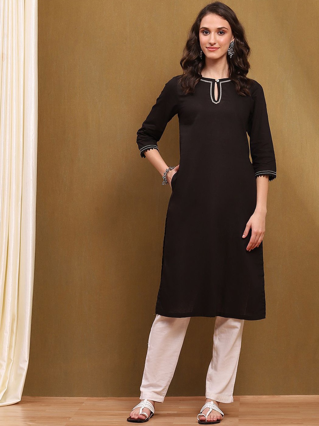 

Biba Keyhole Neck Straight Kurta, Black