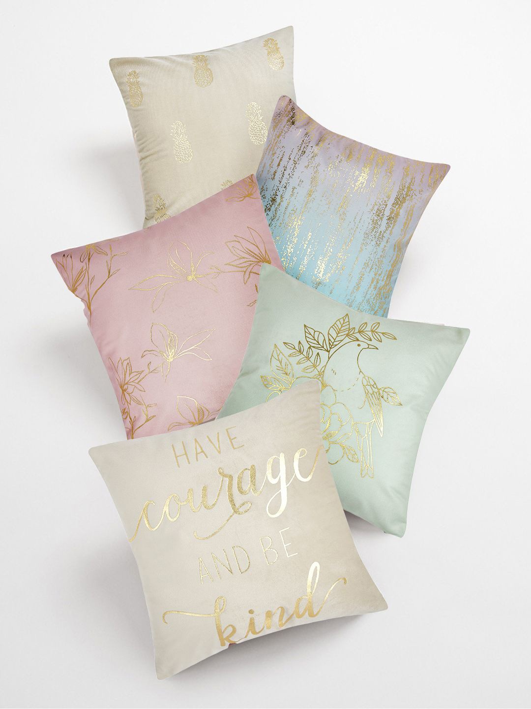 

haus & kinder White & Pink 5 Pieces Ethnic Motifs Cotton Velvet Square Cushion Covers