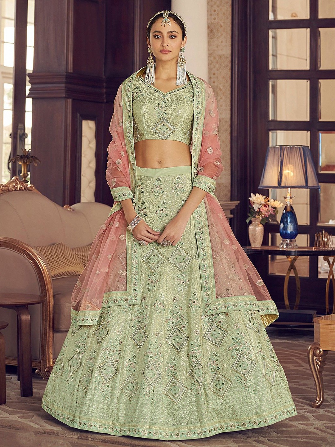 

ODETTE Embroidered Semi-Stitched Lehenga & Blouse With Dupatta, Olive