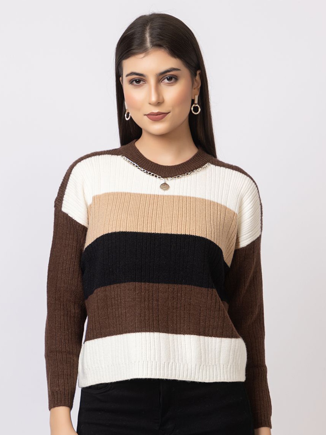 

GFO Women Colourblocked Woollen Casual Pullover, Coffee brown