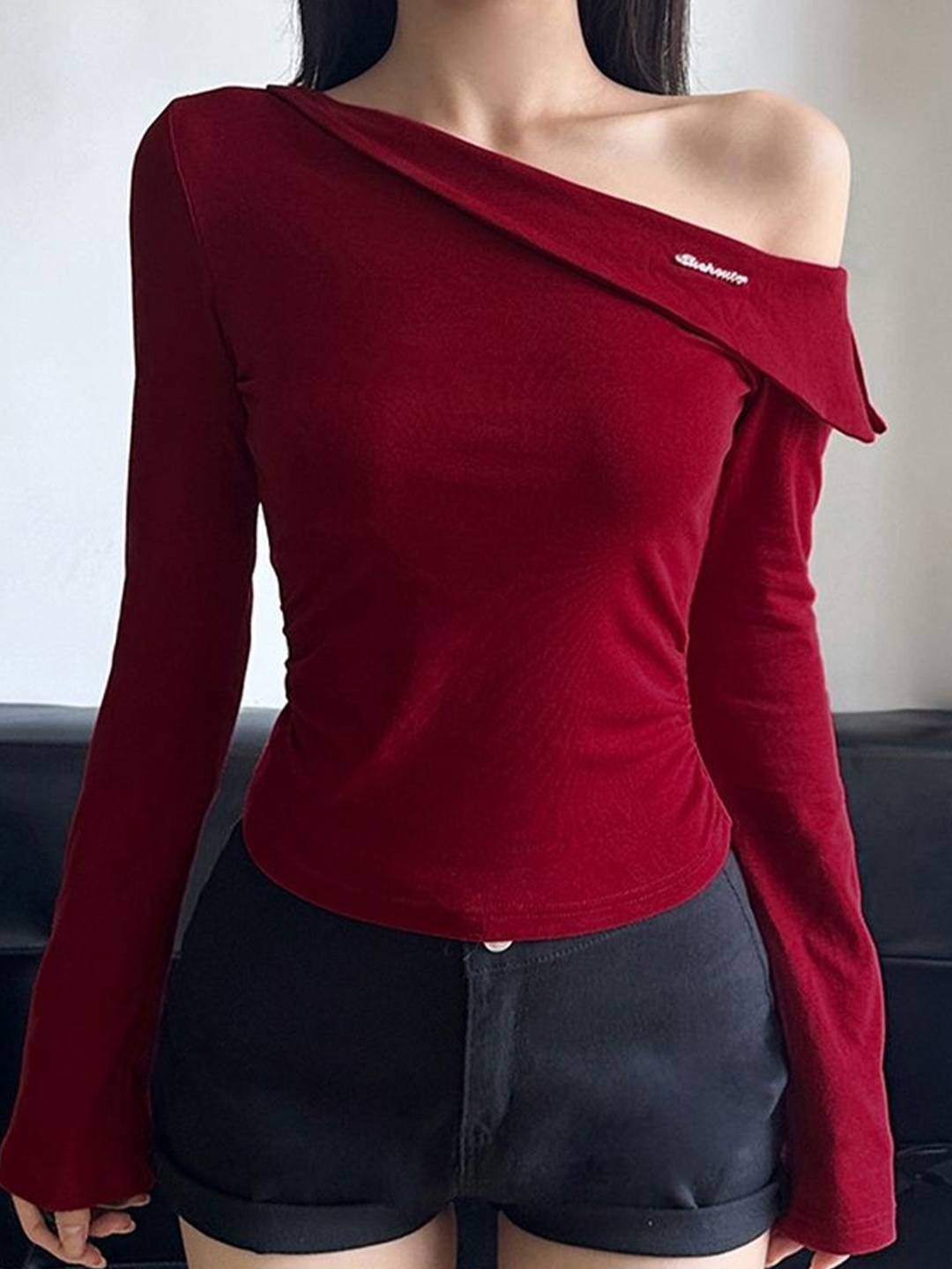 

LULU & SKY Women One Shoulder Cotton Solid Top, Red